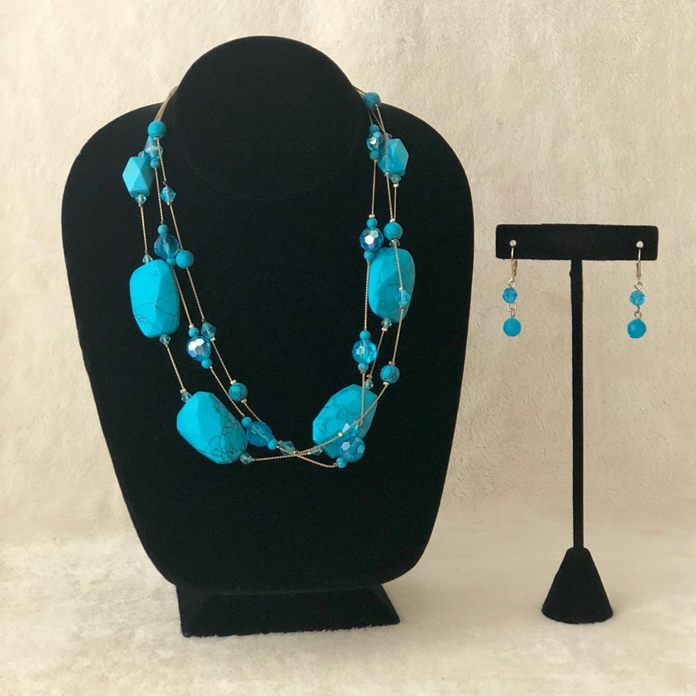 Multi-Strand Turquoise Beaded Necklace and Earring Set